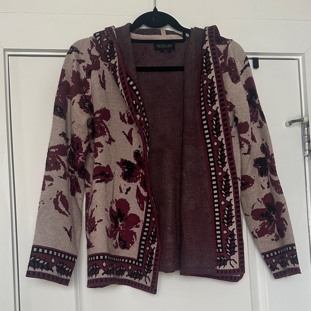 Rachel Zoe Taupe & Burgundy Floral Hooded Open-Front Cardigan